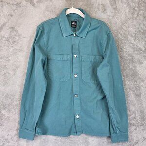 Zara Shirt Mens Medium Blue Green Button Up Long Sleeve Utility Pockets Cotton